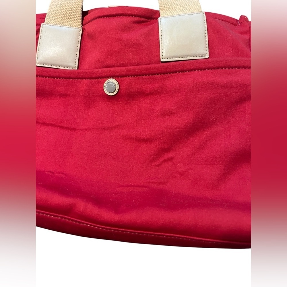 BURBERRY Red Canvas Ivory Fabric Leather Handles Satchel Tote Bag Made in Italy - Picture 3 of 16